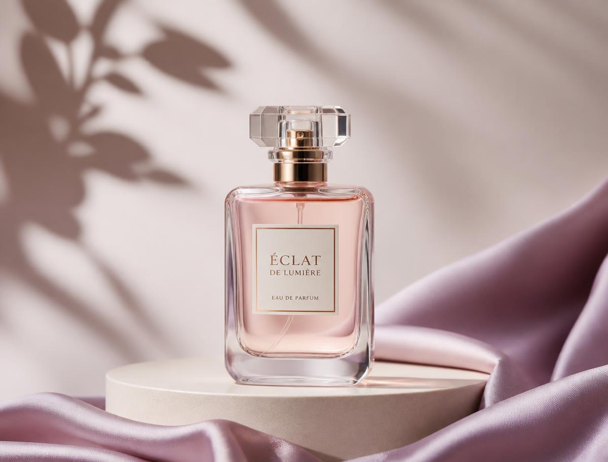 Pink glass perfume bottle on an ivory pedestal beside lavender silk