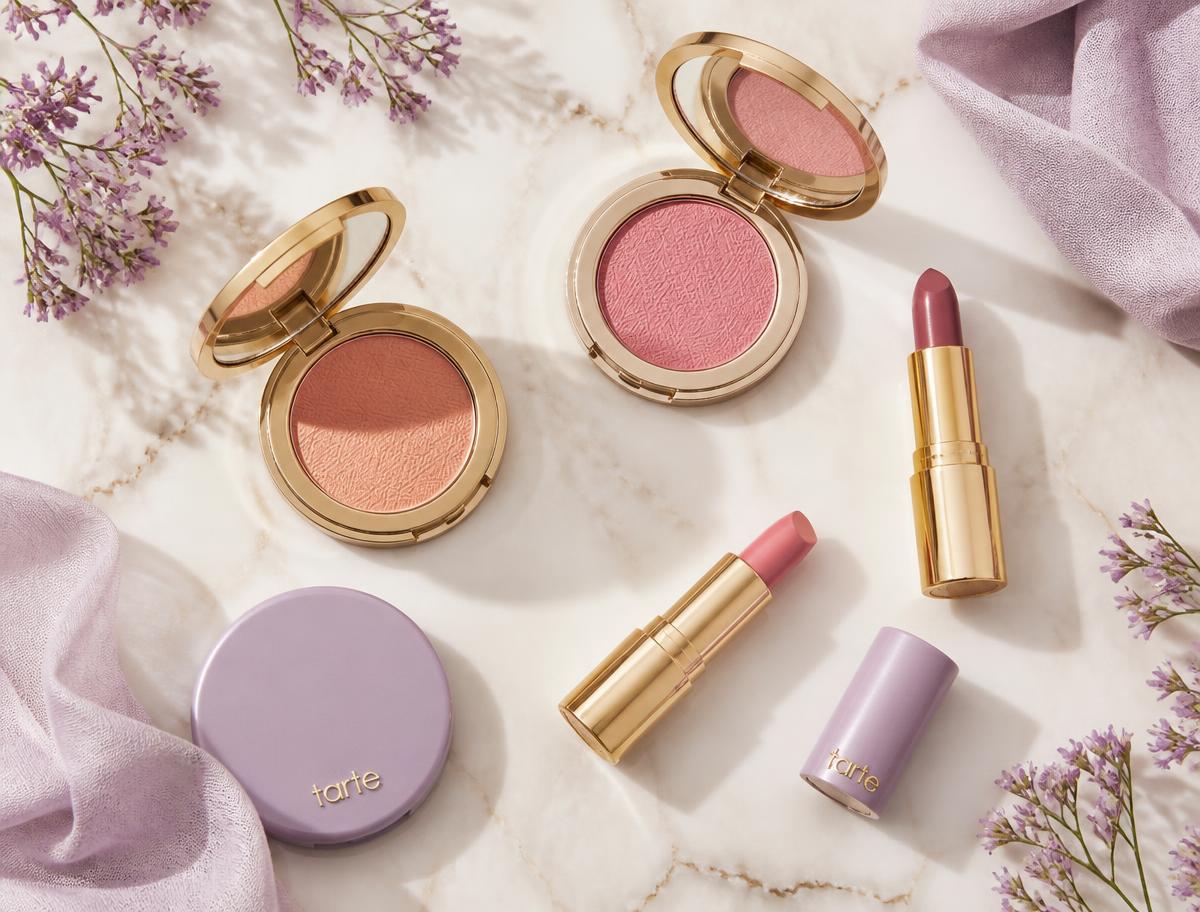 Blush compacts and lipsticks arranged on cream marble with lavender flowers