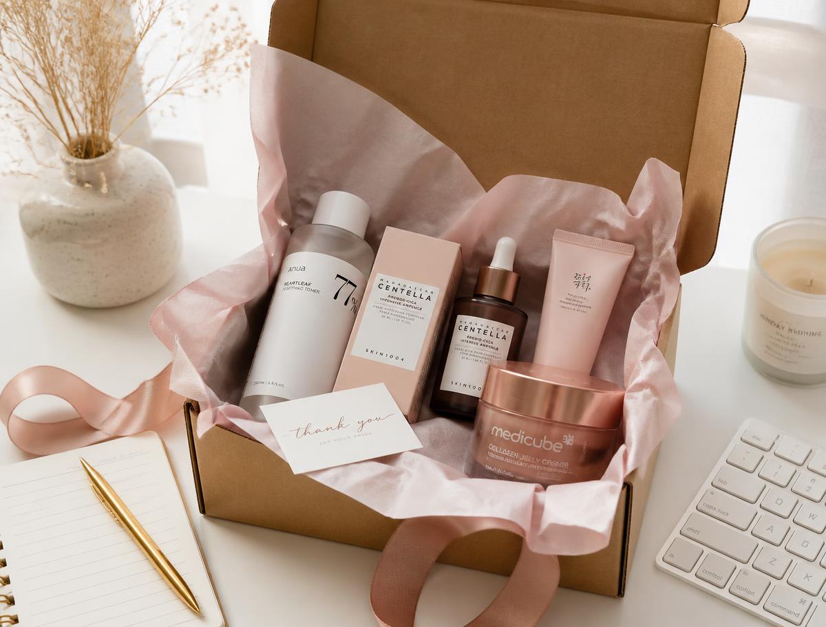 Beauty products packed in a kraft box with pink tissue paper and ribbon